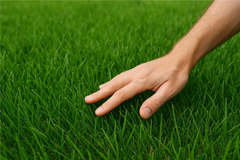 a hand touches green grass
