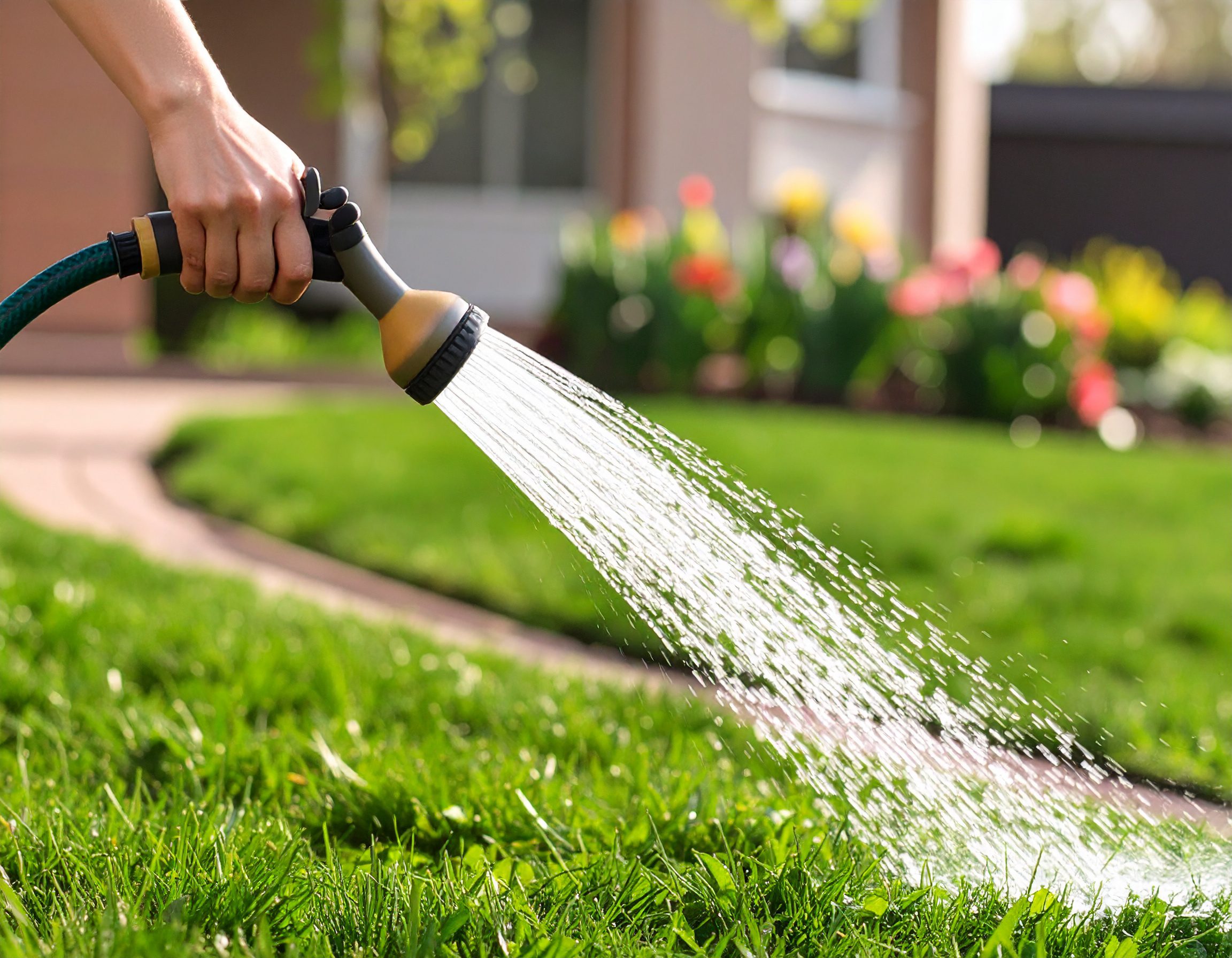 Using a hose to water green grass