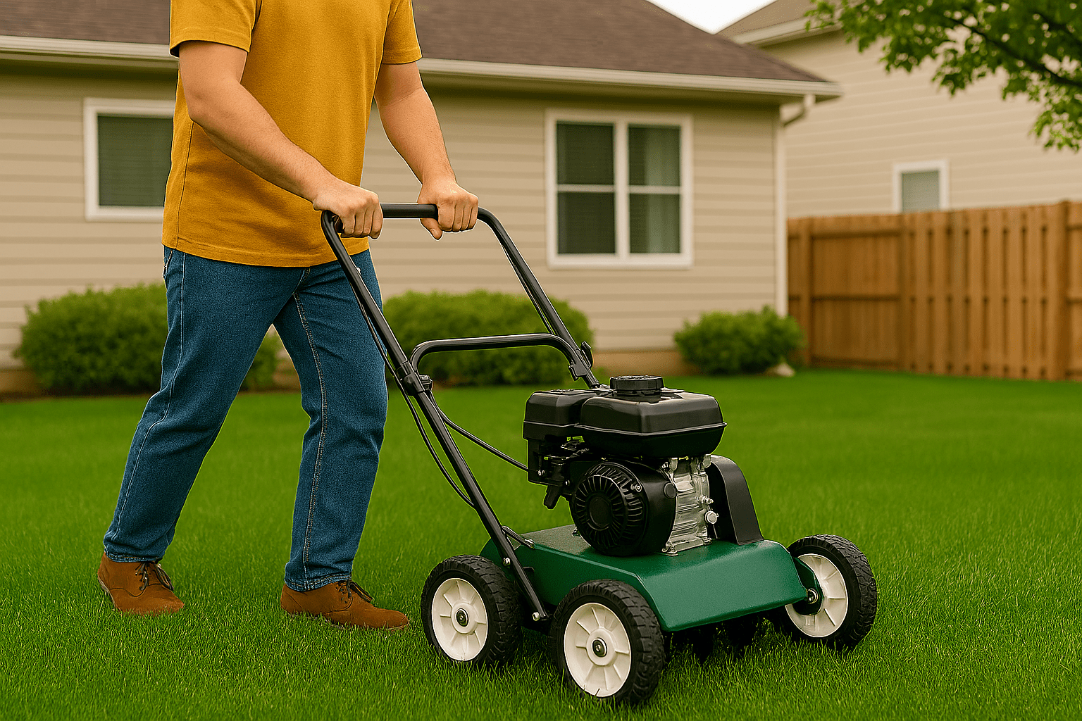 Man using a power aerator on grass