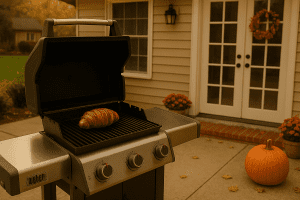  Weber grill with a bacon-wrapped turkey breast