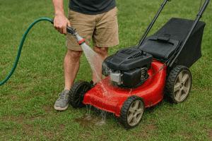 Cleaning off lawn mower with hose