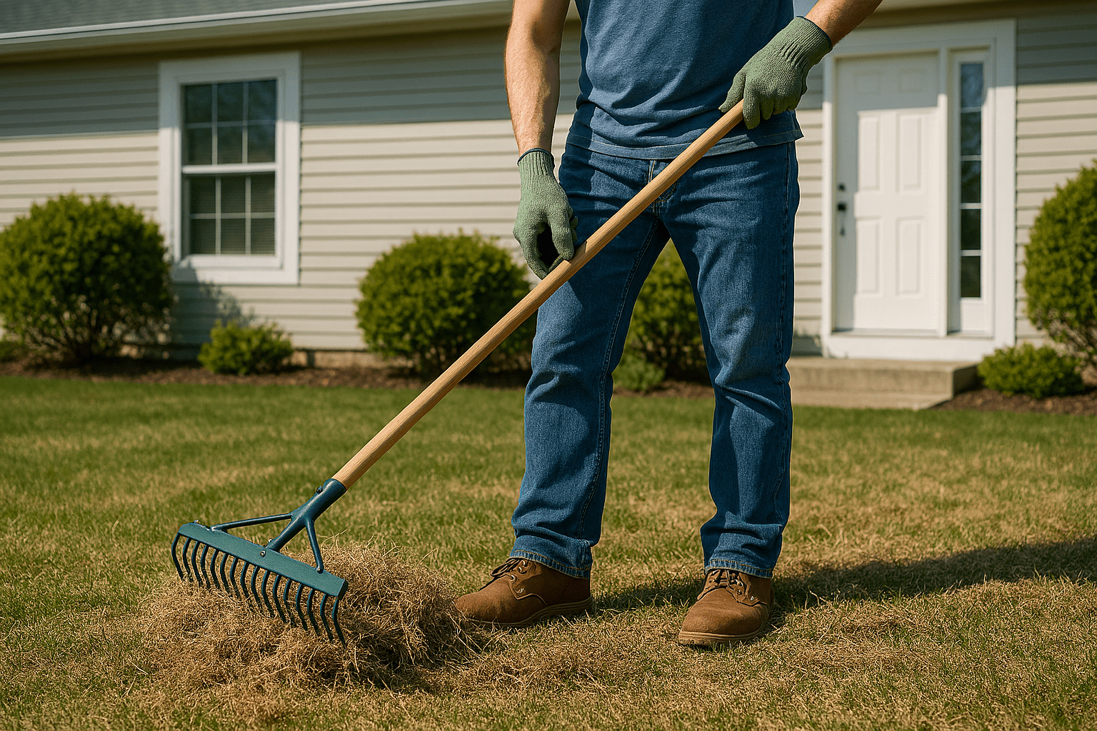 Person using a thatching rake