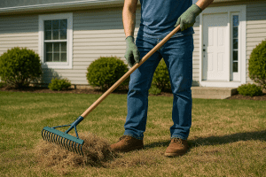 Man using a thatching rake