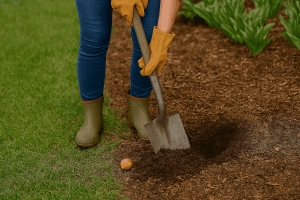 A woman digging a hole to plant a flower bulb
