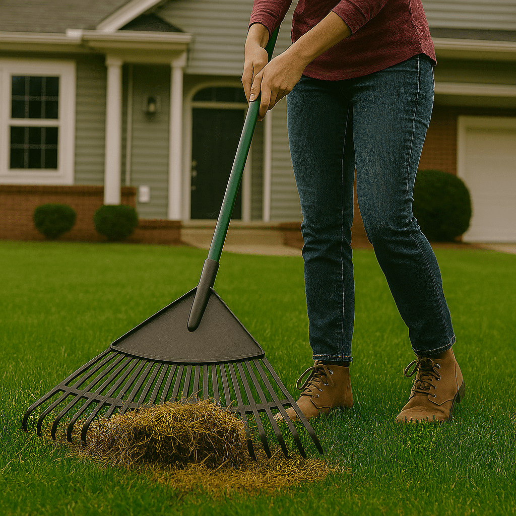 Woman raking dead grass using a leaf rake