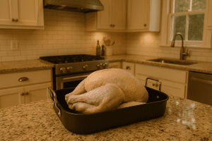 Raw turkey in a roasting pan