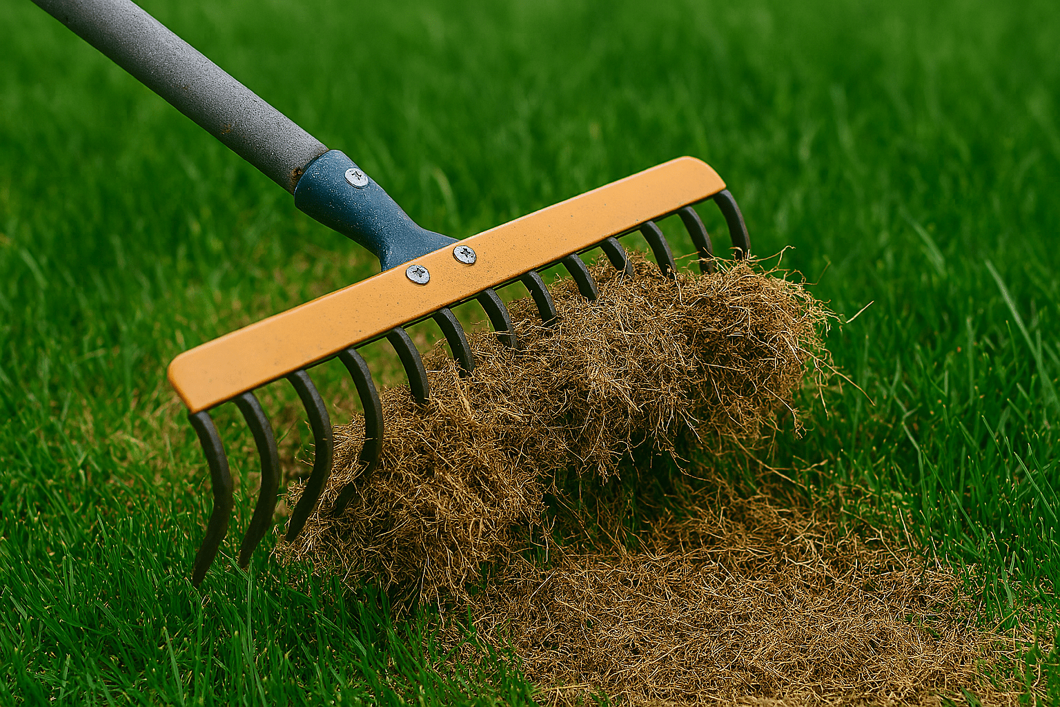 Thatching rake pulling up dead thatch