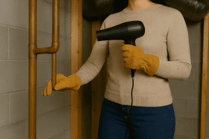 Thawing frozen pipe with hair dryer
