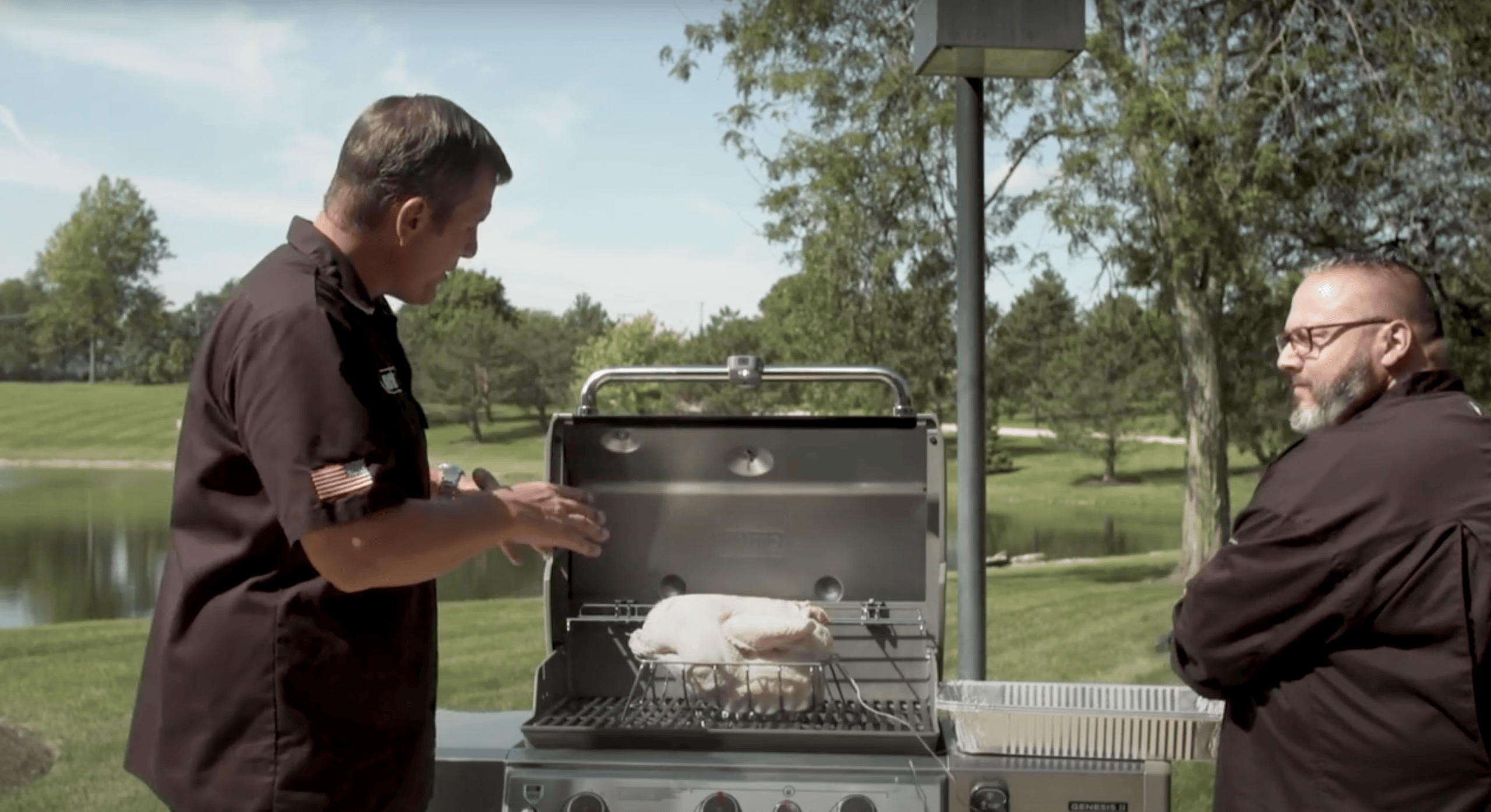 turkey on a roasting rack on a grill