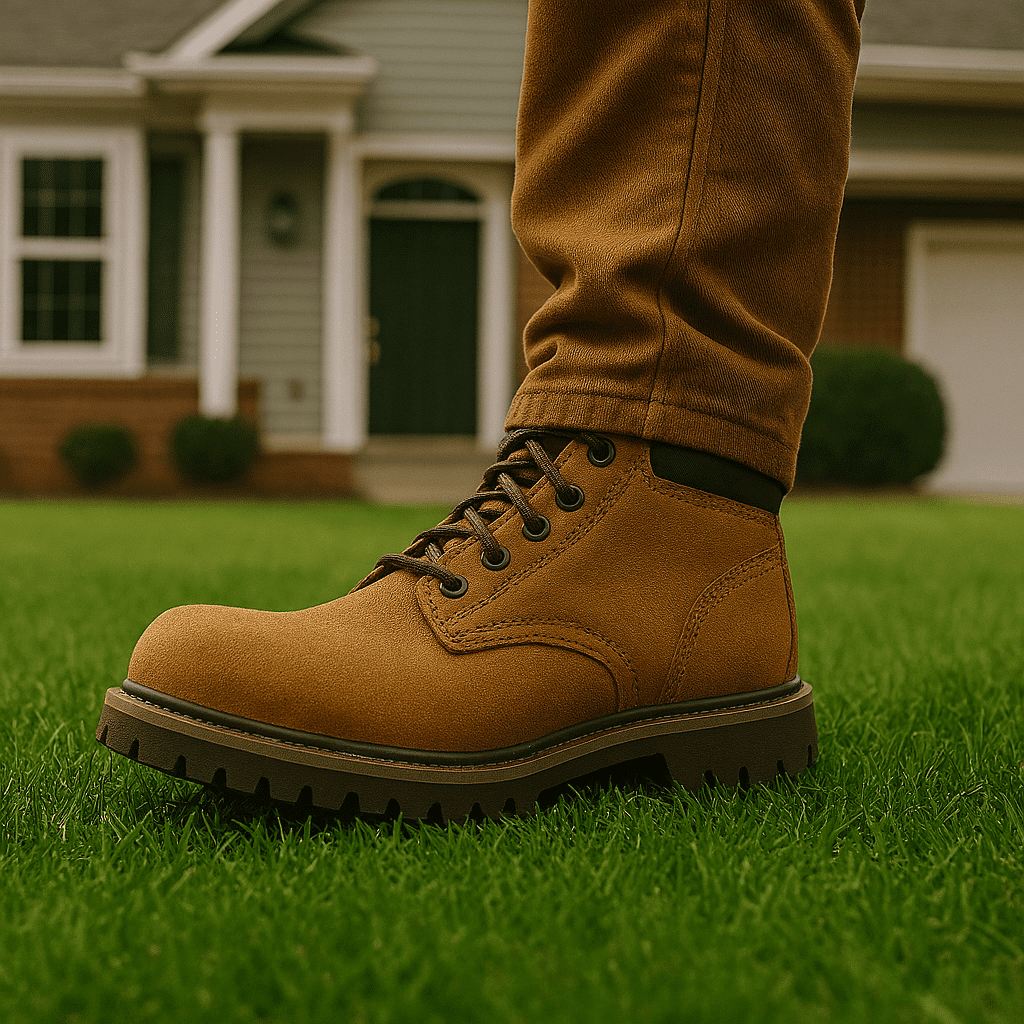A work boot stepping on grass