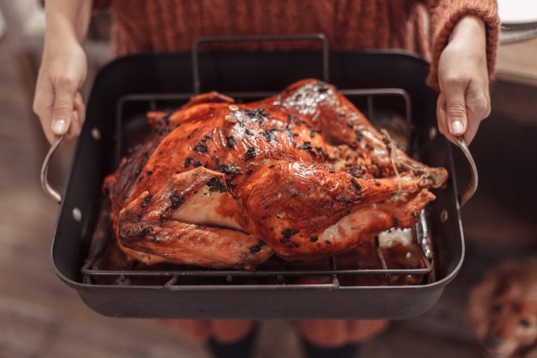 Someone holding a cooked turkey in a pan.