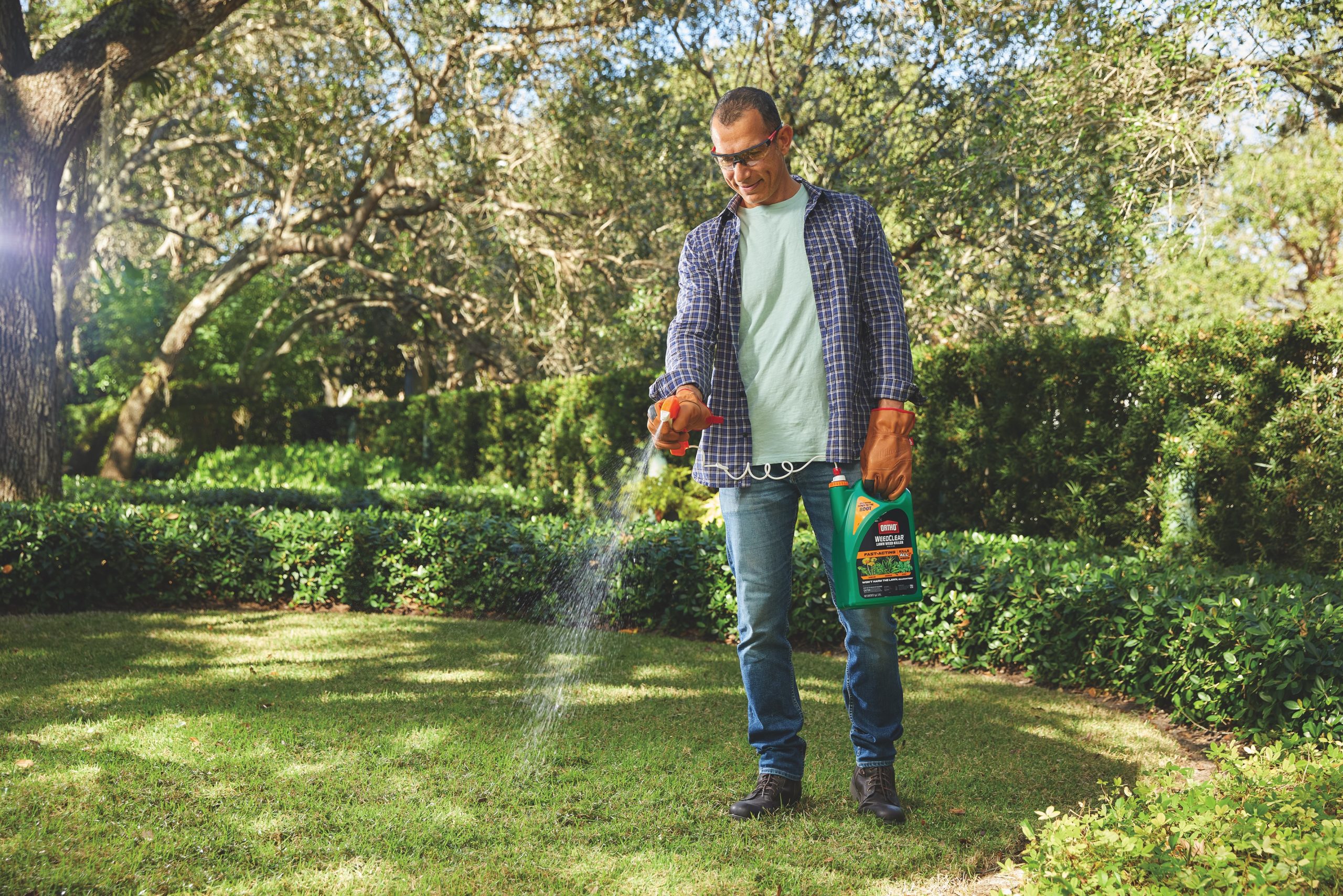 Man spraying for bugs in yard.