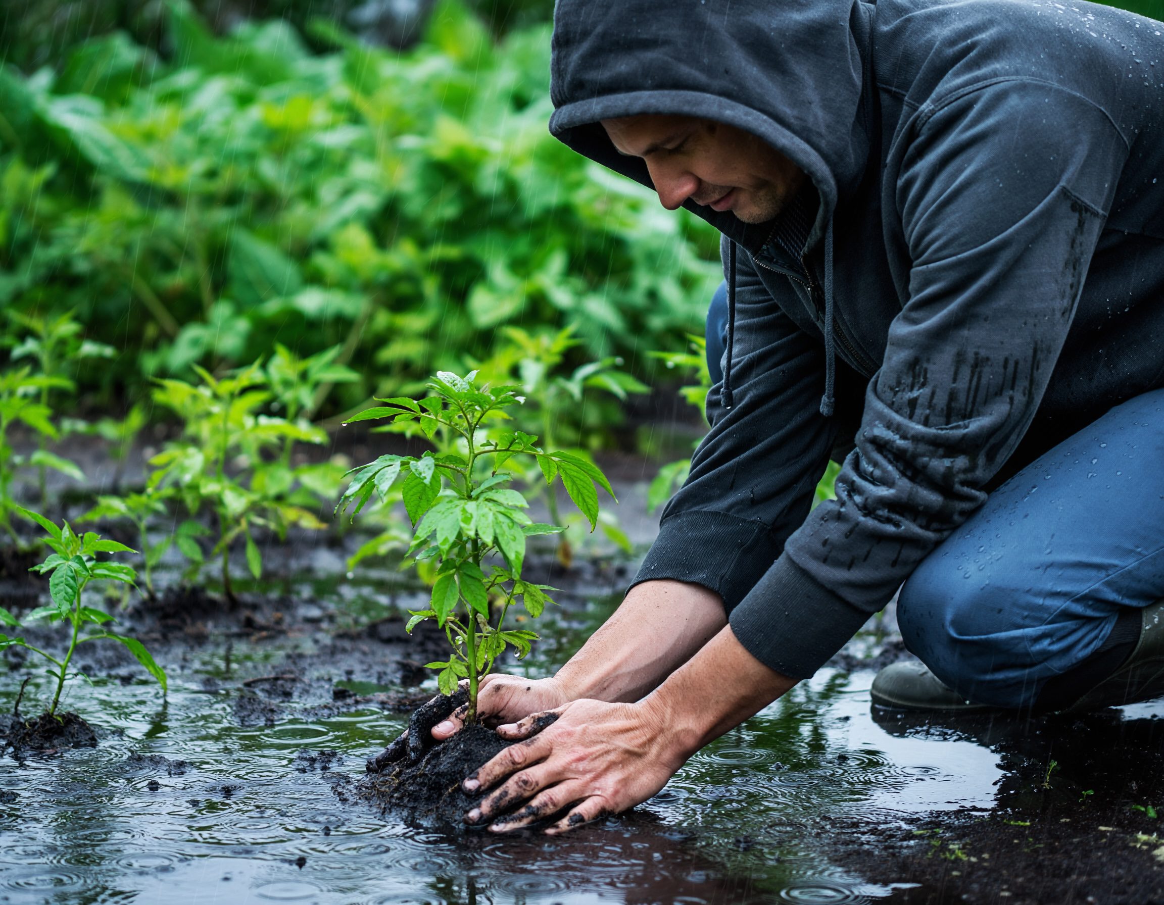 Man checking plant for exposed roots in rain.