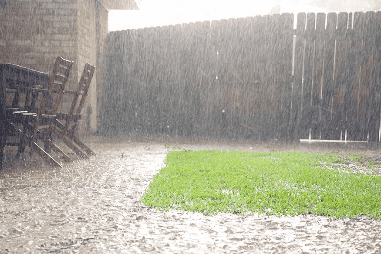 Heavy rain falling in a backyard.