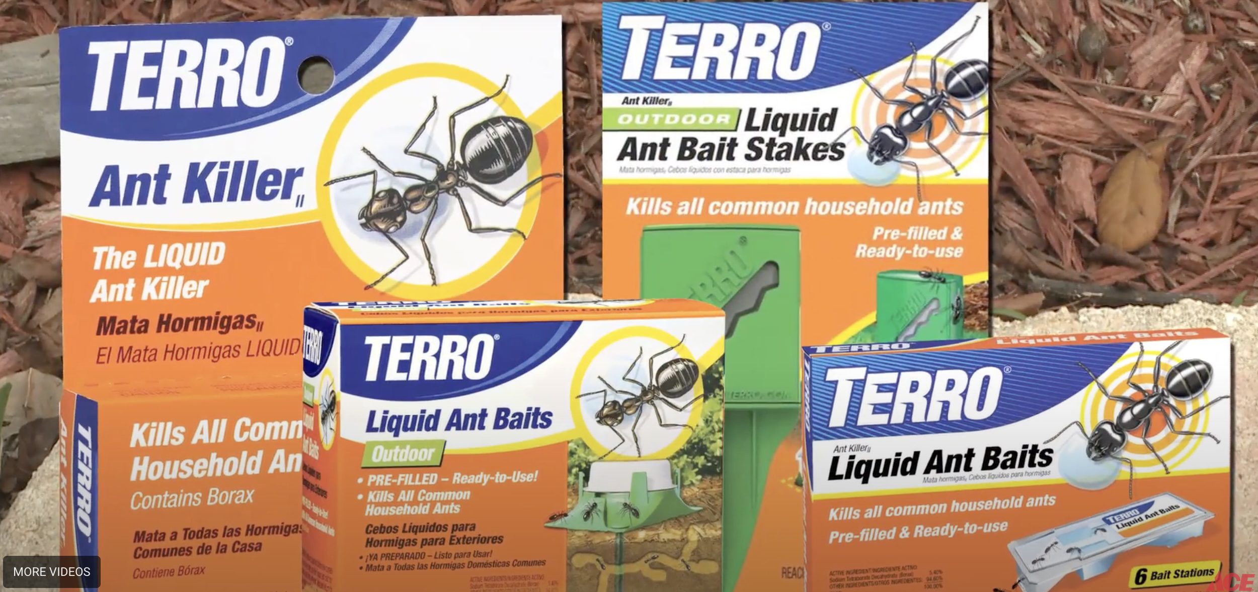 Ant killer boxes displayed over wood chips.
